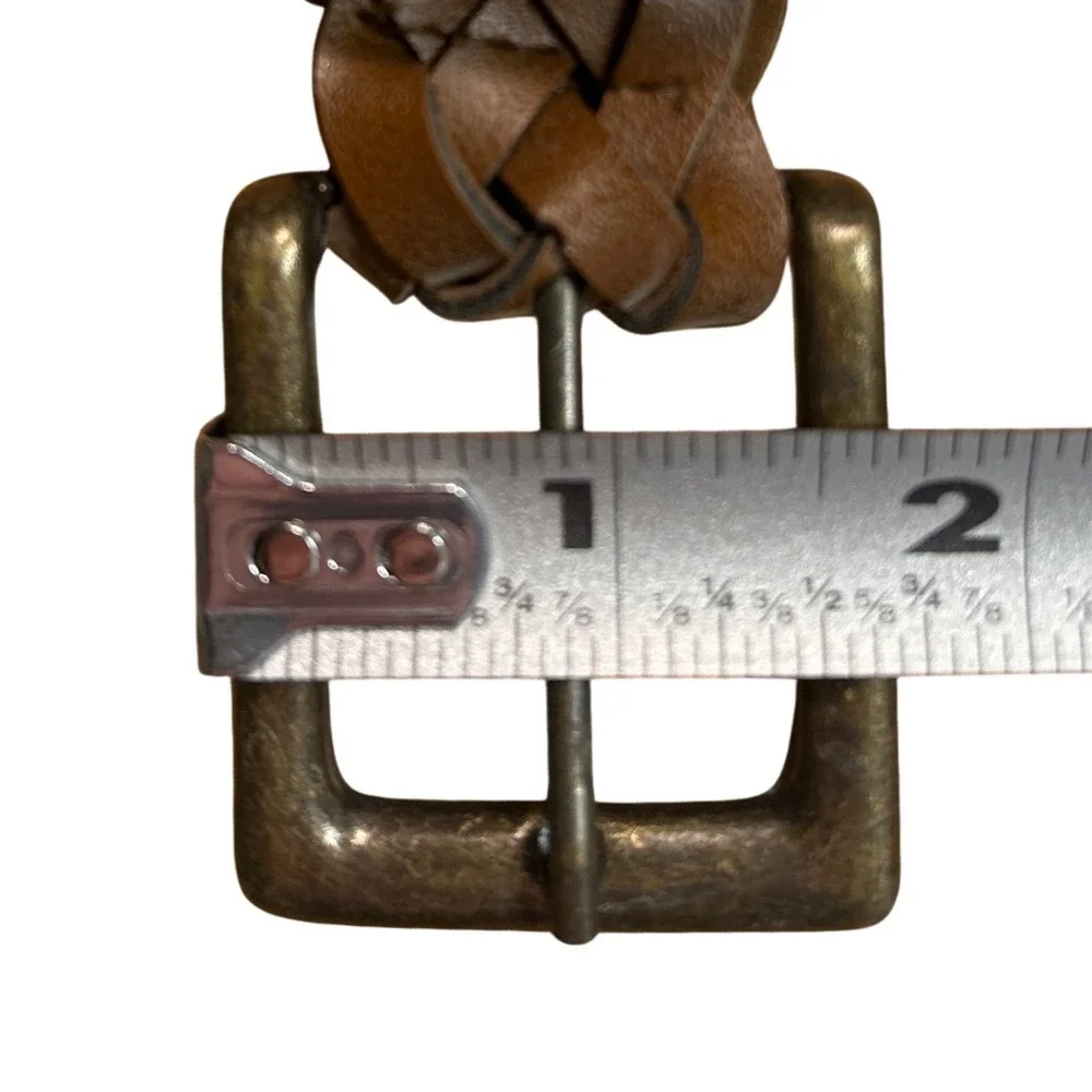 Western Braided‎ Woven Brown Leather Belt Antiqued Brass Buckle Up to Size 31